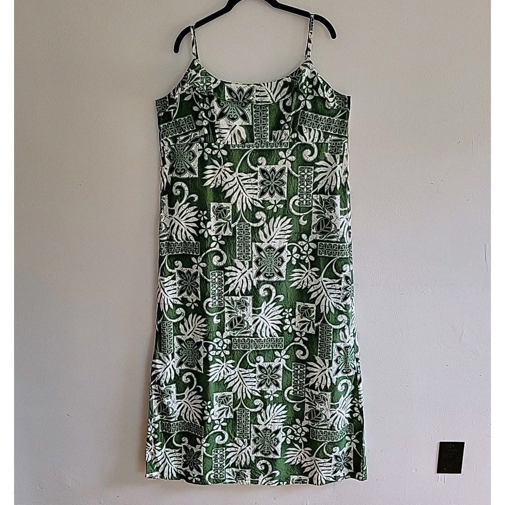 Vintage Hoku Hawaiian Maxi Dress Green Empire Waist Beach Casual Travel Resort